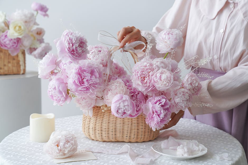 Chic floral arrangement with pink peonies in a wicker basket creating a serene and delicate setting.